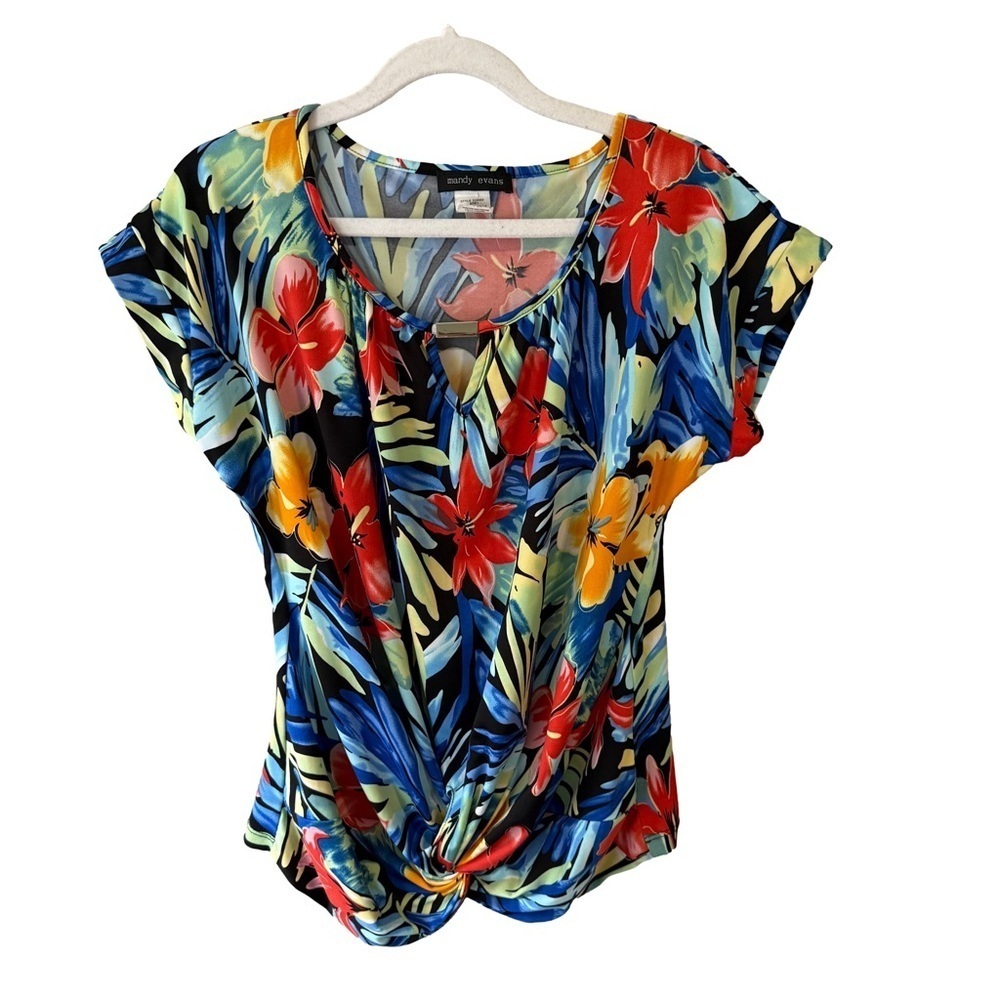 Mandy Evans Vibrant Floral Twist Front Blouse Short Sleeve Size L Resort Boho